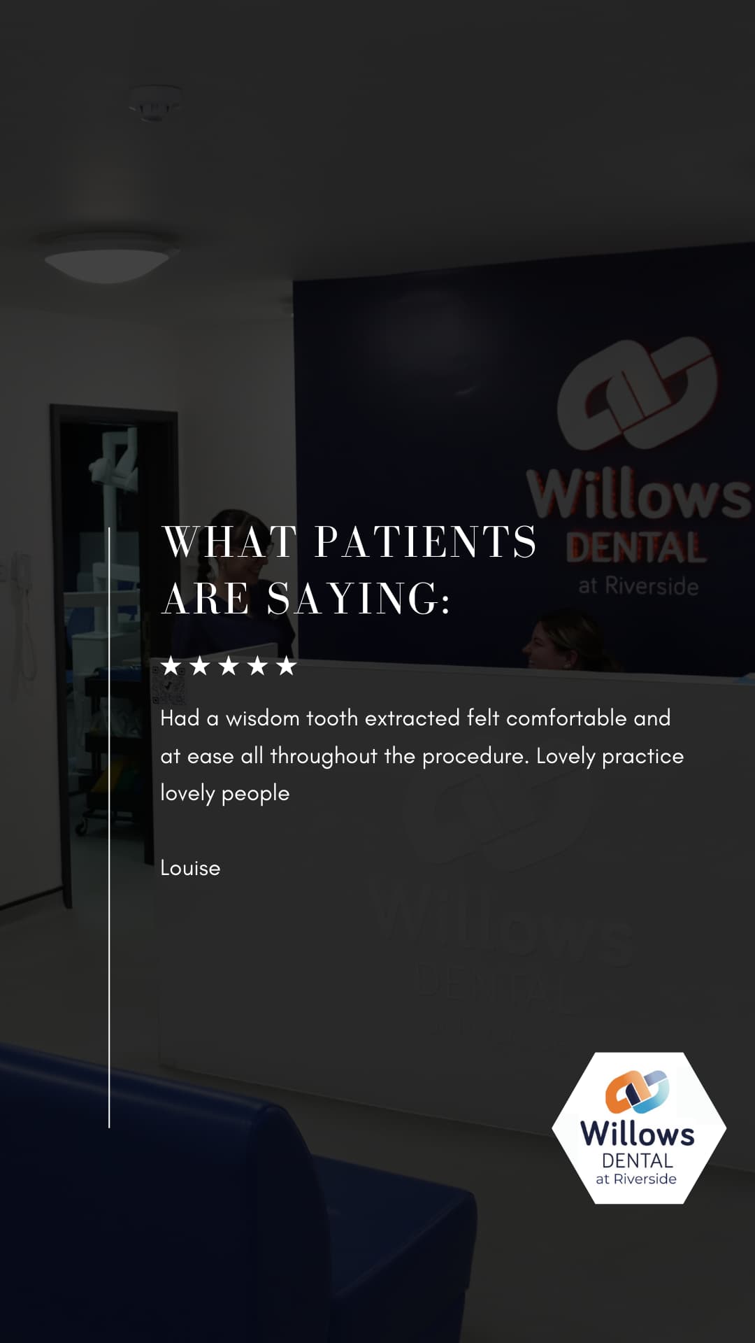 Patient room at Willows Dental clinic with a reception desk and a patient talking to the staff.