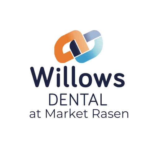 Willows Dental logo with an abstract chain link in orange and blue, and text indicating a dental practice at Market Rasen.